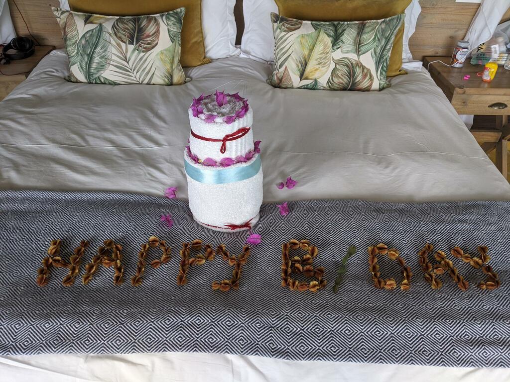 a birthday cake made of towels and washcloths, and "HAPPY B/DAY" written with seedpods.