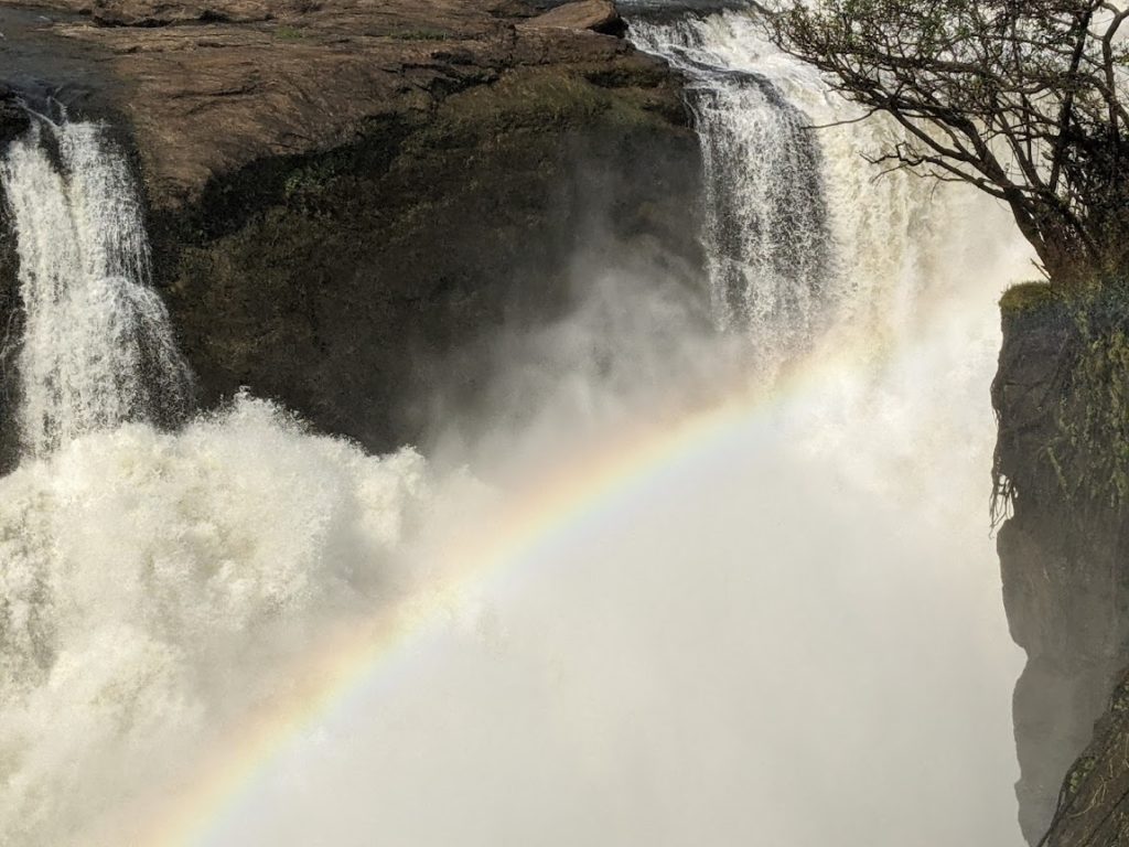 The top of Murchison Falls. A block of dark rock divides the water into two cascades that plunge into a cloud of mist.  There is a rainbow going diagonally from the lower left to upper right.