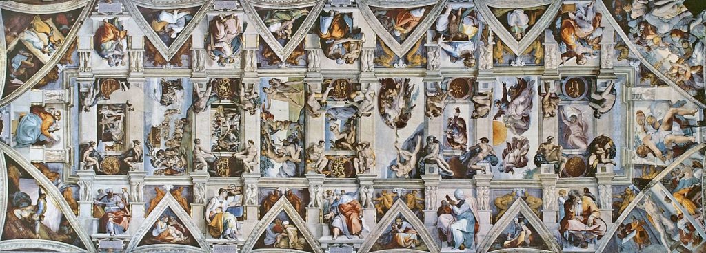 In this view of the Sistine Chapel ceiling, the center is occupied by rectangular frescos; there are triangular sections on either side of it.