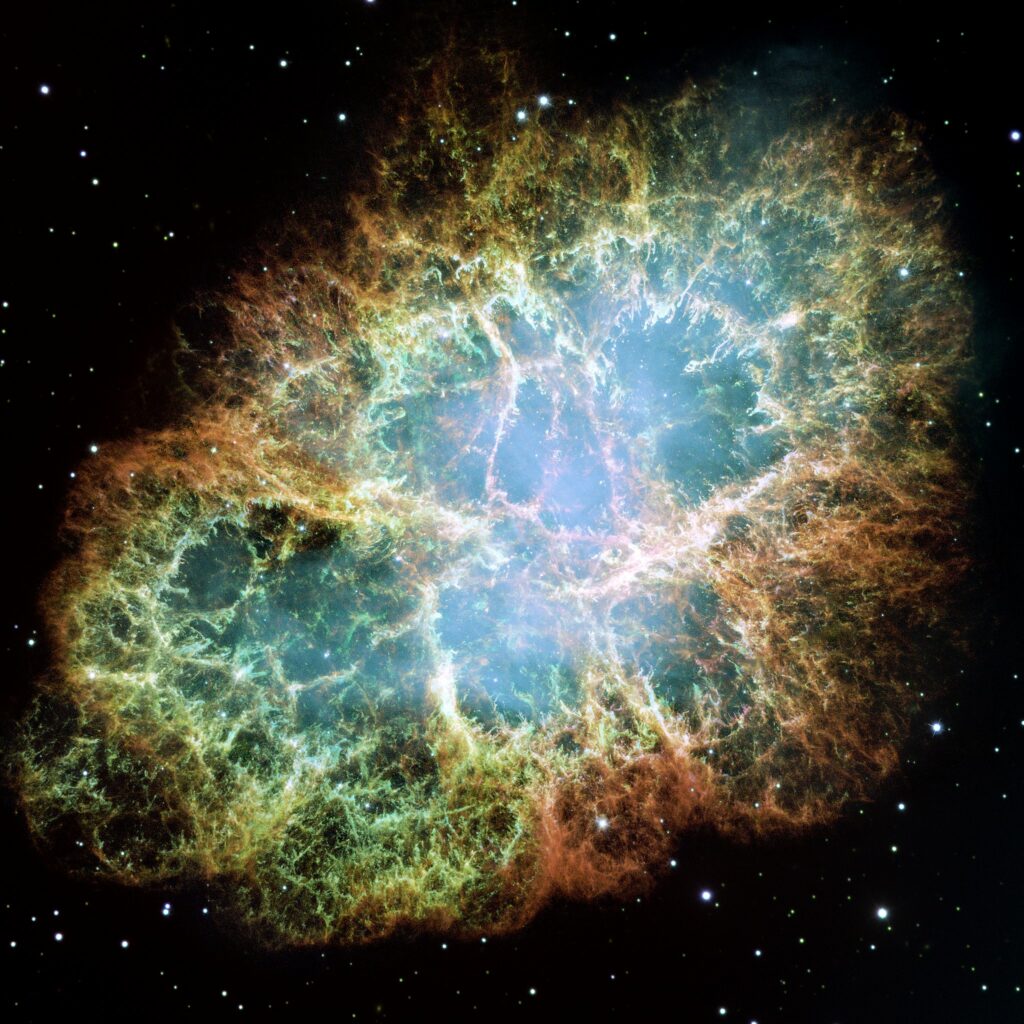 The Crab Nebula, imaged by the Hubble Space Telescope.