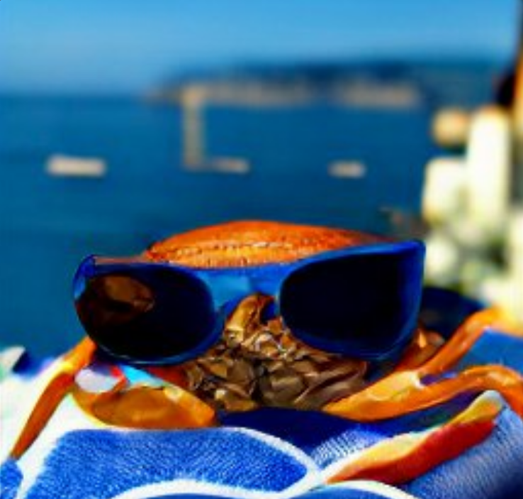 An orange dungeness crab wearing blue sunglasses, sitting on a beach towel