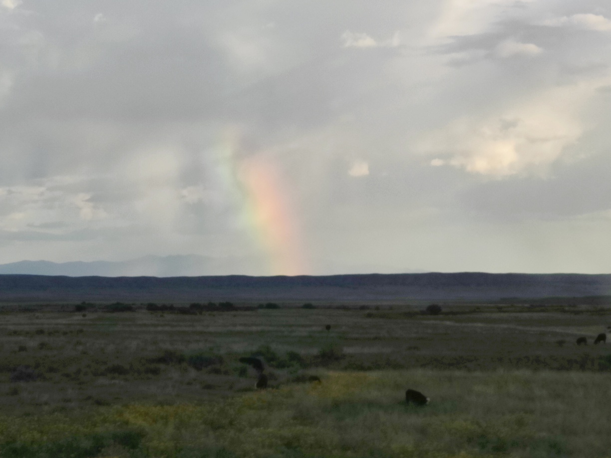 The bottom right arc of a rainbow rising from a range of low hills.
