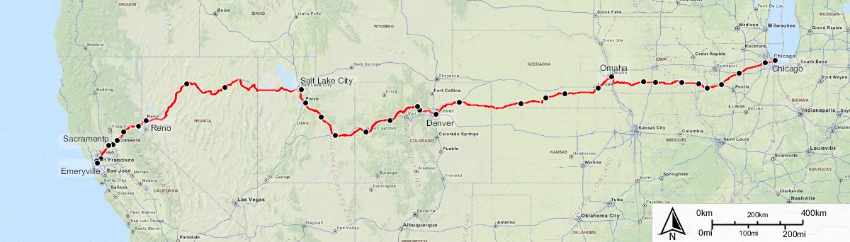 The route of the California Zephyr. Starting in Emeryville, it passes through Reno, Salt Lake City, Denver, and Omaha on its way to Chicago.