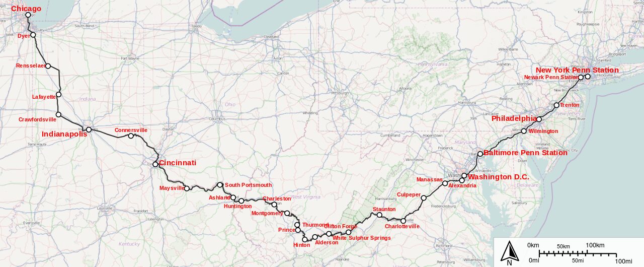 Route of the Amtrak Cardinal, from Chicago to New York Penn Station. From Chicago the route goes southeast through Indianapolis, Cincinnati, and Charleston, before turning northeast through Carlottesville, Washington DC, Baltimore, and Philadelphia before arriving at Penn Station.